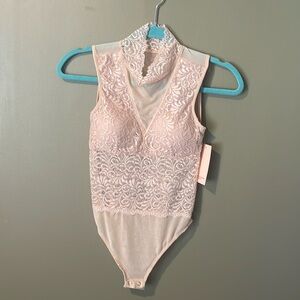 Boutique Lace Tan High Neck Small Bodysuit NWT